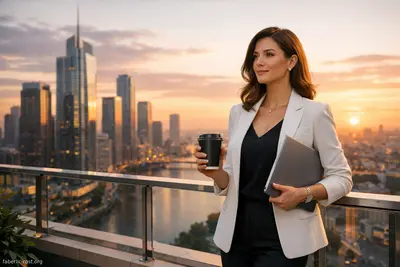 Успех и финансовое благополучие с Faberlic Уверенная женщина с ноутбуком стоит на высокой террасе на закате.