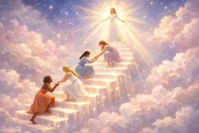 Развитие и помощь другим — путь к совершенству с Faberlic Светящаяся лестница, уходящая в небо. Женщины на разных ступенях помог