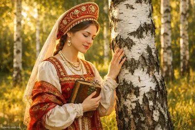 : Любовь к Родине, культуре и природе — первый принцип Faberlic Женщина в элегантной одежде нежно касается березы в солнечном лесу.