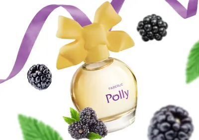 Новый игривый аромат Polly от Faberlic для хорошего настроения Яркий флакон парфюма Polly среди спелых фруктов и цветов