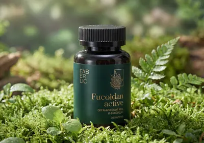 Биодобавка Фукоидан Актив от Faberlic для иммунитета и энергии Упаковка БАДа Фукоидан Актив на фоне морских водорослей